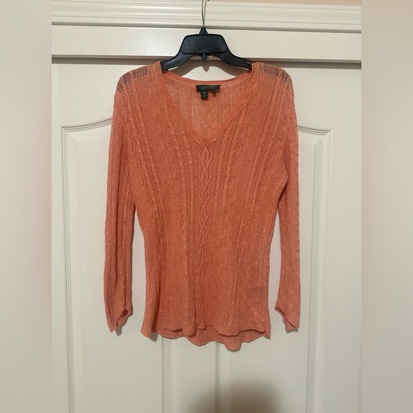 Women’s Lauren Ralph Lauren Light Orange 100% Linen V Neck Sweater.‎ Size Large. - Picture 1 of 6
